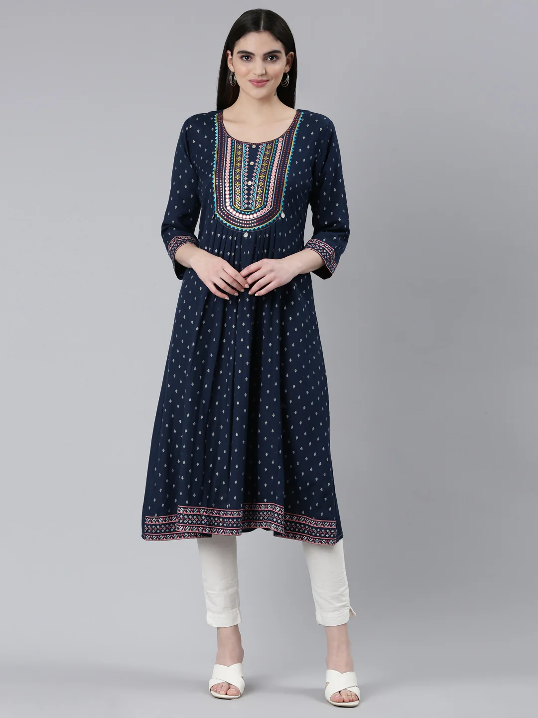 Neerus Navy Blue Pleated Straight Printed Kurta
