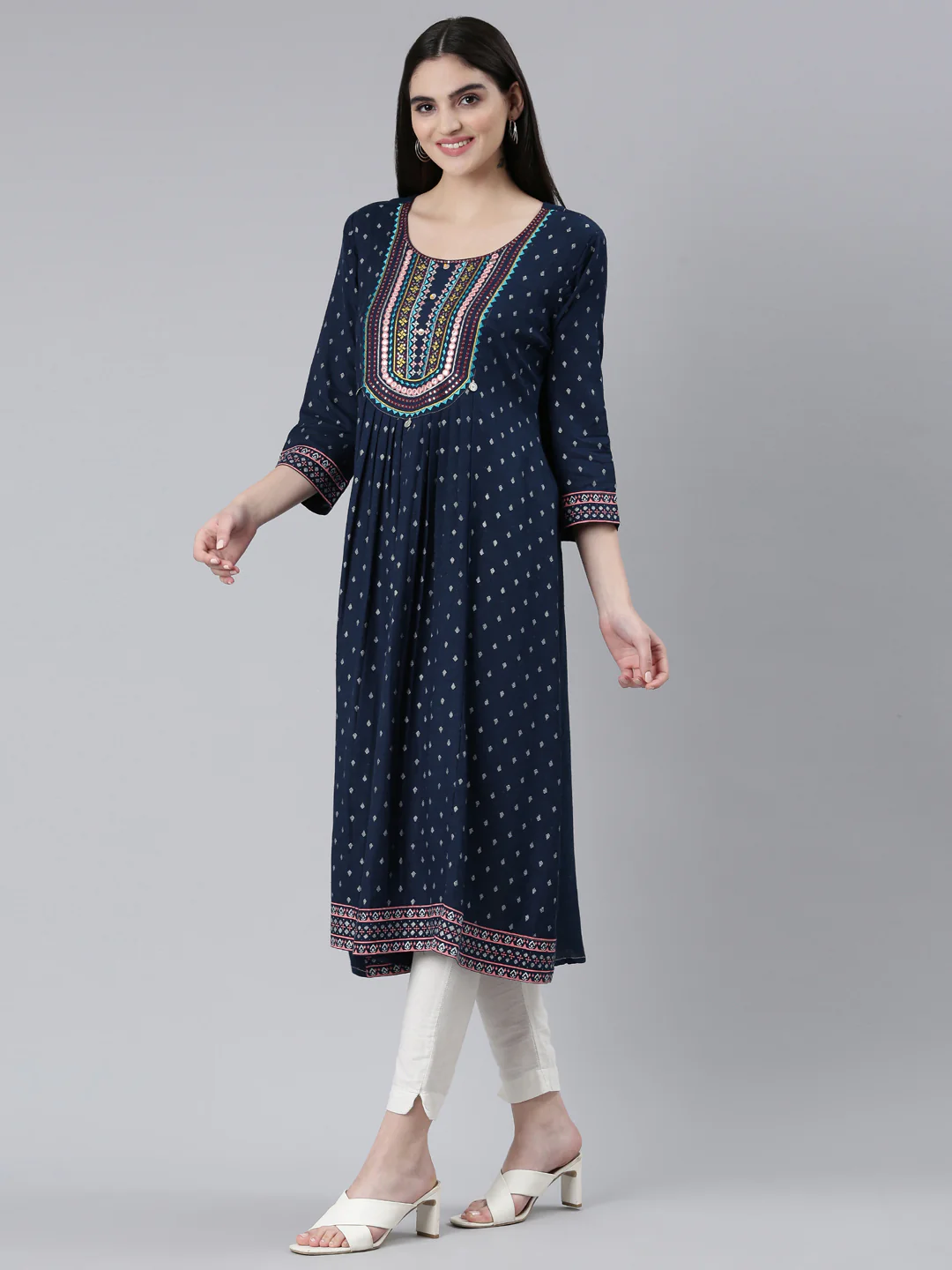 Neerus Navy Blue Pleated Straight Printed Kurta - Image 2
