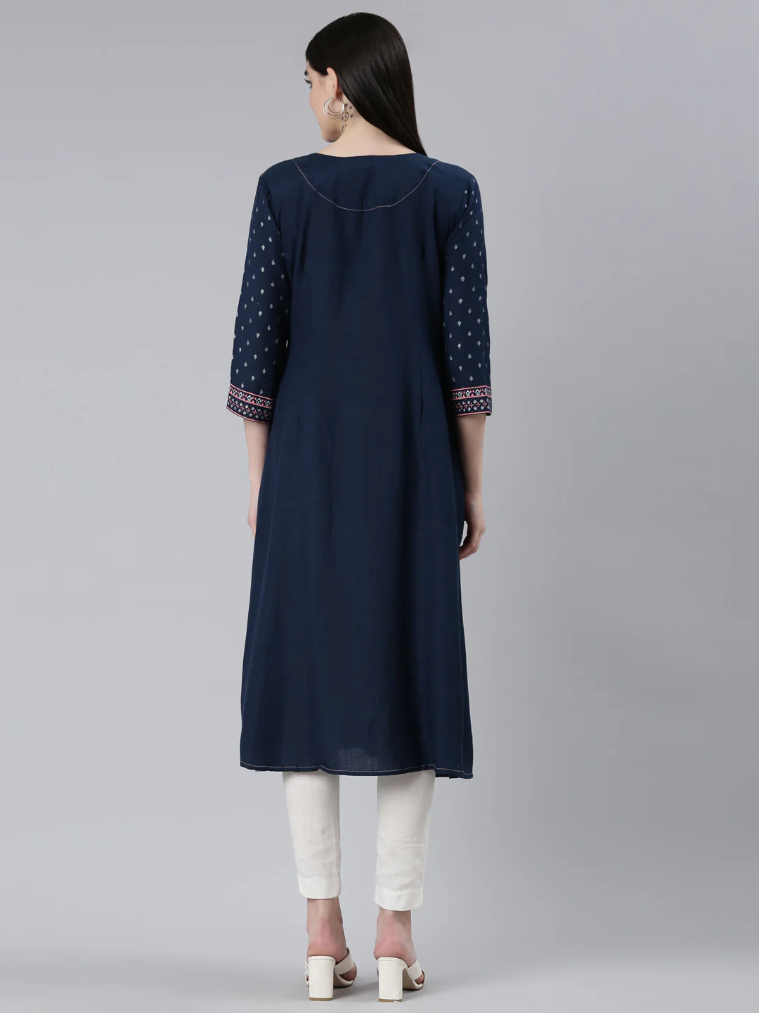 Neerus Navy Blue Pleated Straight Printed Kurta - Image 3