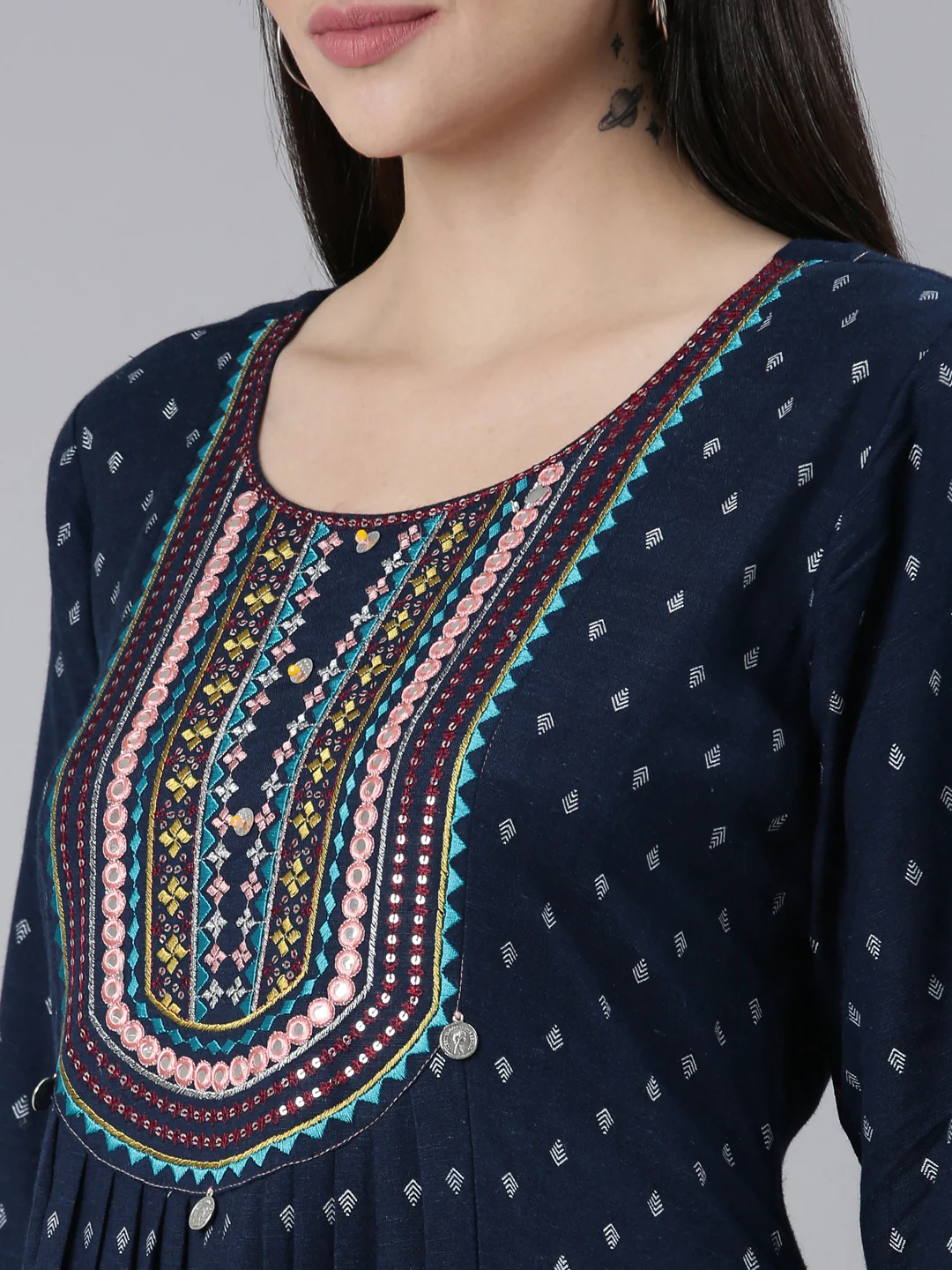 Neerus Navy Blue Pleated Straight Printed Kurta - Image 4