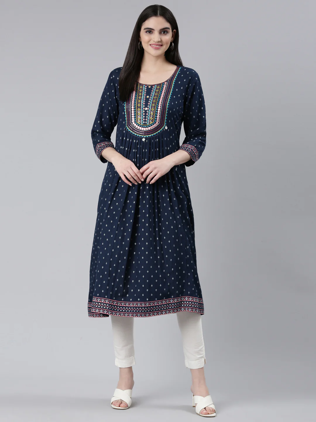 Neerus Navy Blue Pleated Straight Printed Kurta - Image 5