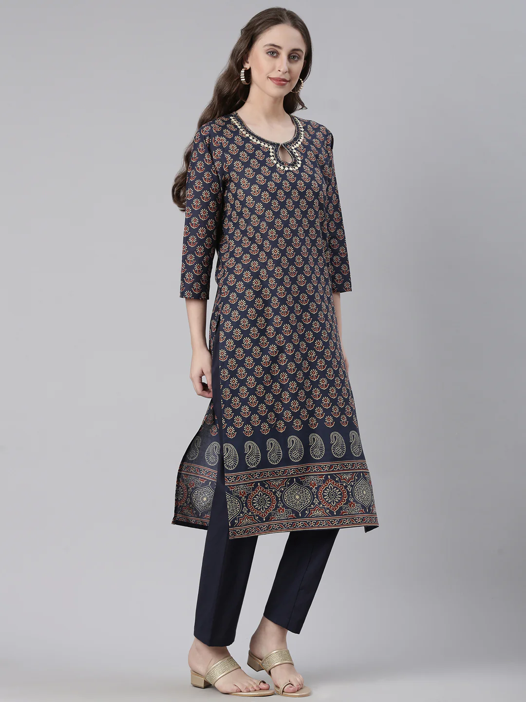 Neerus Navy Blue Printed Straight Kurta and Trousers - Image 2