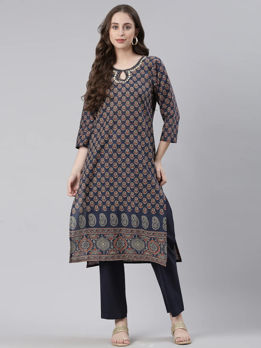 Neerus Navy Blue Printed Straight Kurta and Trousers - Image 5