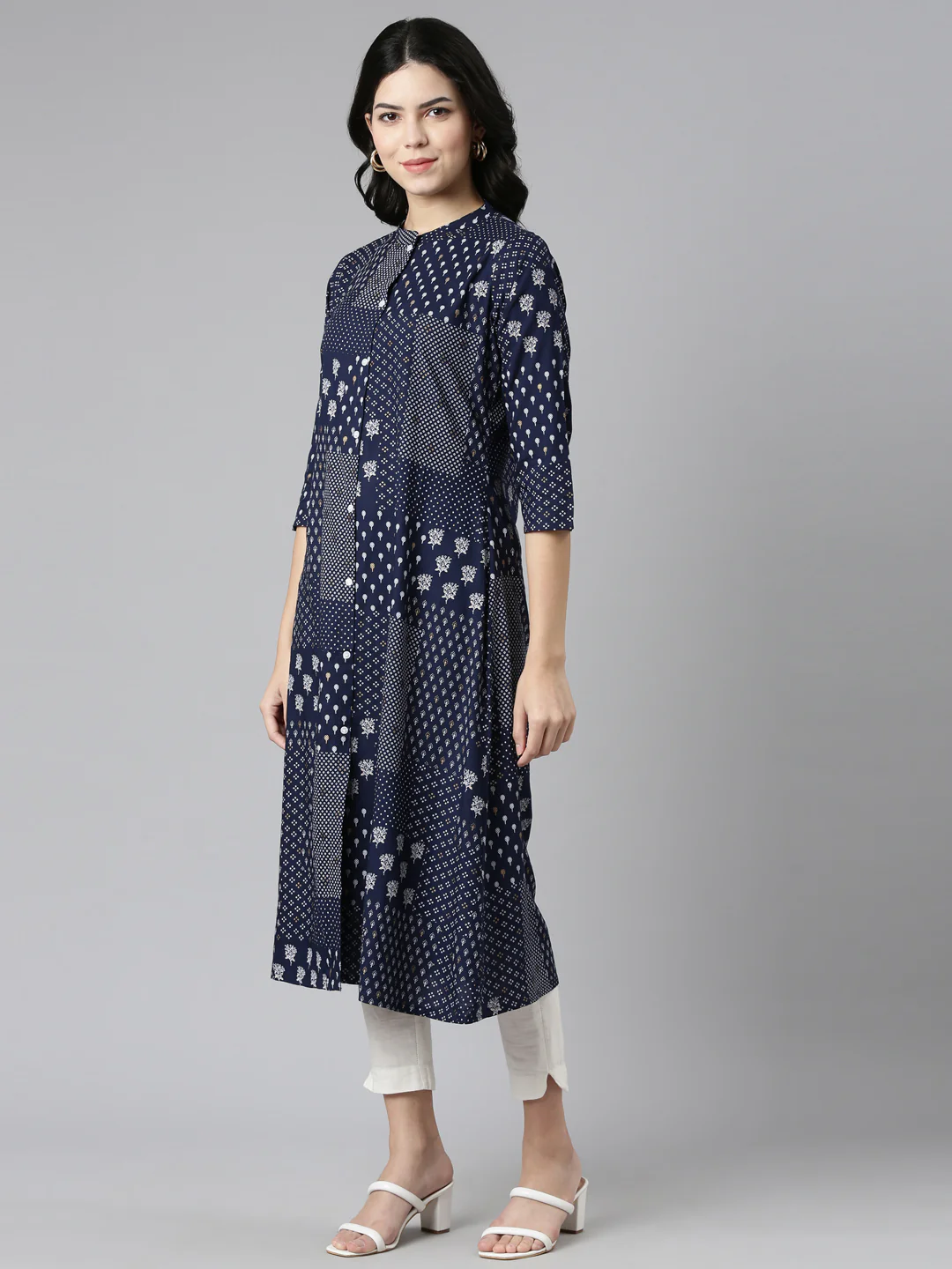 Neerus Navy Blue Regular A-Line Printed Kurta - Image 2