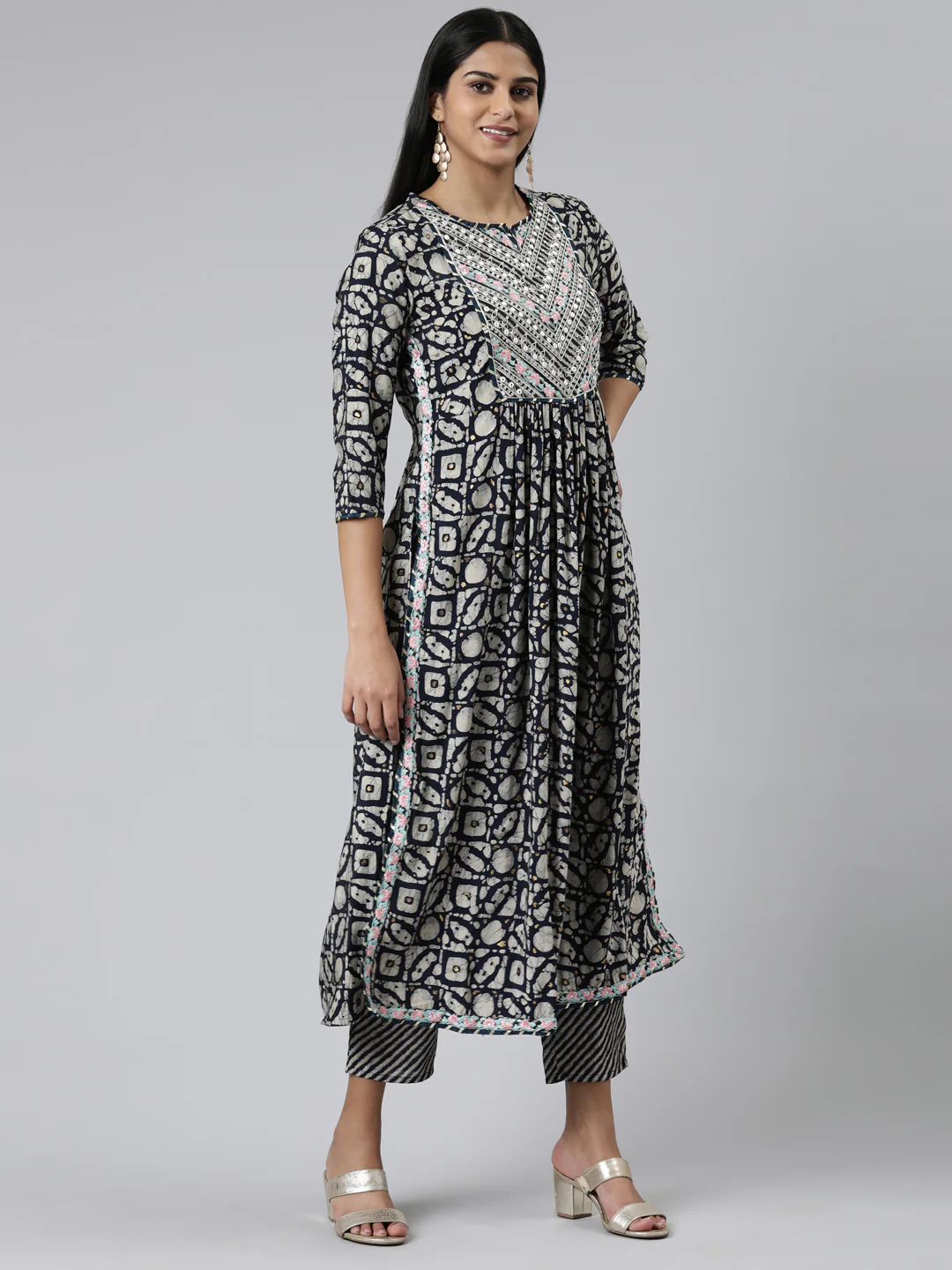 Neerus Navy Blue Regular Calf Length Printed Kurta Printed Trousers With Dupatta - Image 2