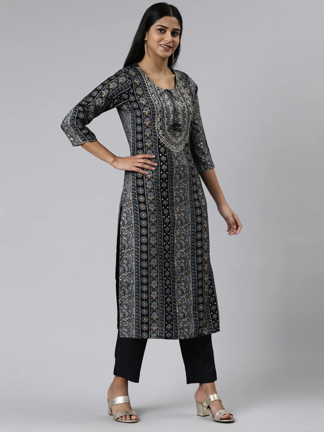 Neerus Navy Blue Regular Calf Length Printed Kurta Solid Trousers With Dupatta - Image 2