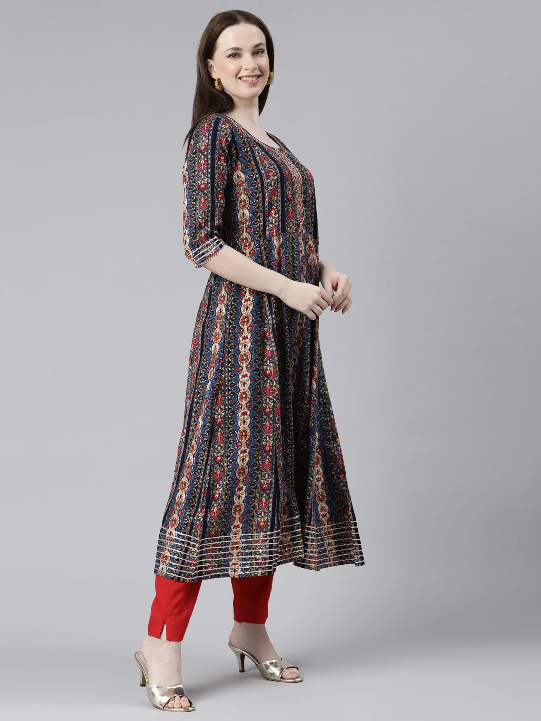 Neerus Navy Blue Regular Knee Length Printed Readymade suits - Image 2