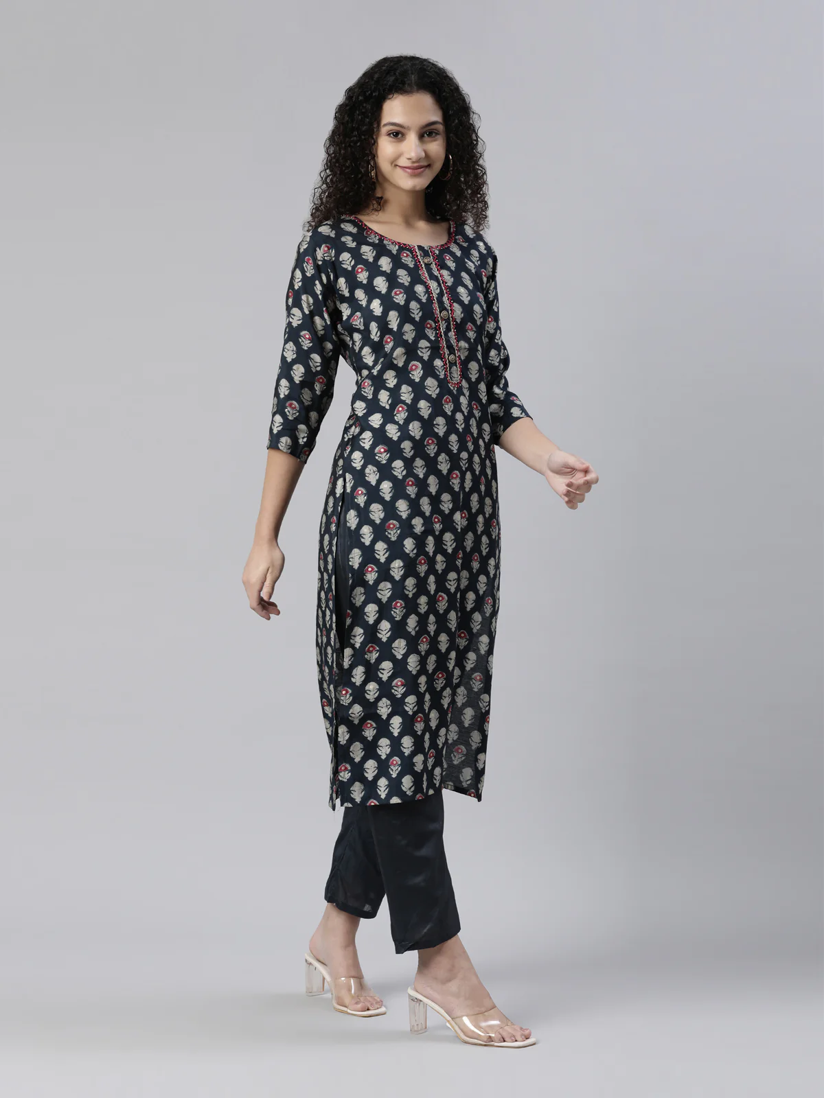 Neerus Navy Blue Regular Knee Length Printed Kurta Solid Trousers With Dupatta - Image 2