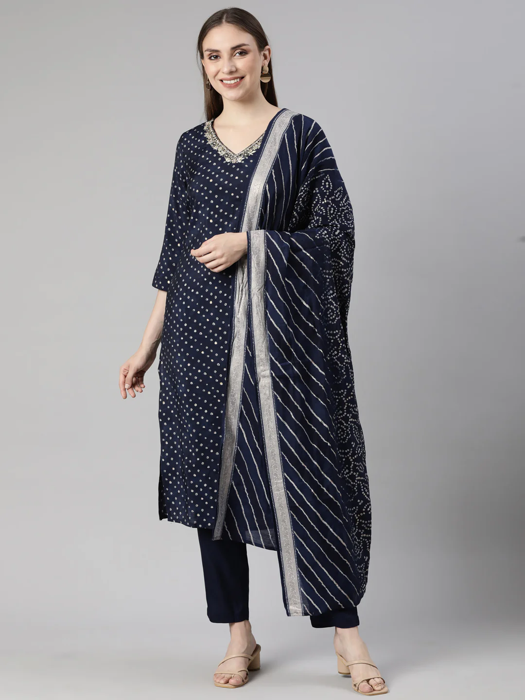Neerus Navy Blue Regular Straight Bandhani Kurta And Trousers With Dupatta