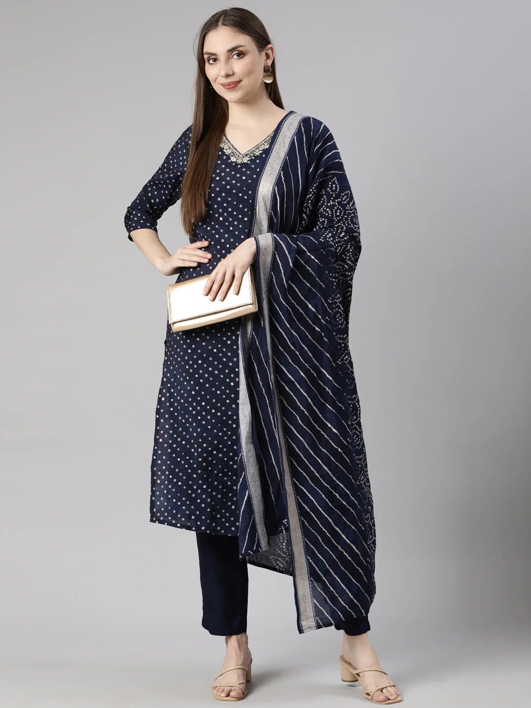 Neerus Navy Blue Regular Straight Bandhani Kurta And Trousers With Dupatta - Image 5