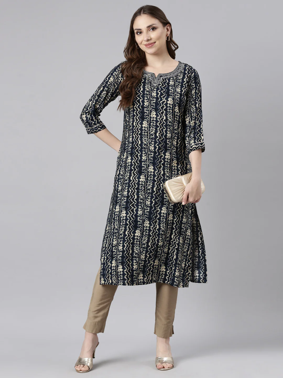 Neerus Navy Blue Regular Straight Chevron Kurta - Image 4