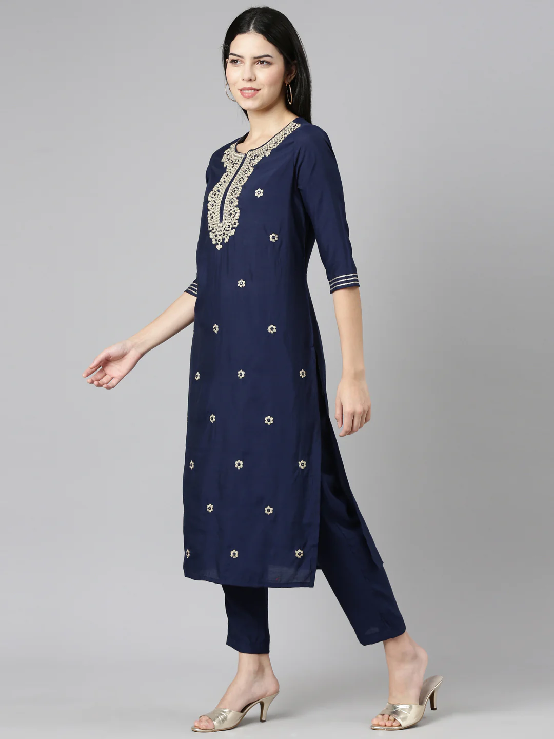 Neerus Navy Blue Regular Straight Embroidered Kurta And Trousers - Image 2