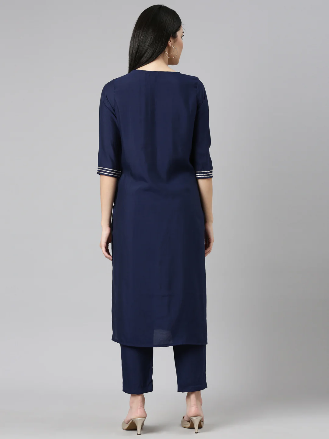 Neerus Navy Blue Regular Straight Embroidered Kurta And Trousers - Image 3