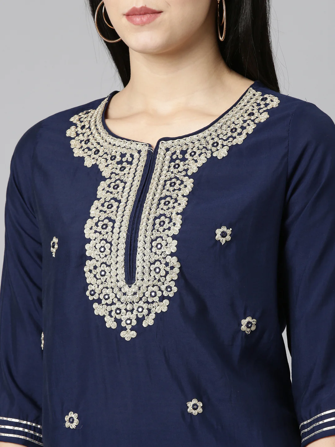 Neerus Navy Blue Regular Straight Embroidered Kurta And Trousers - Image 4