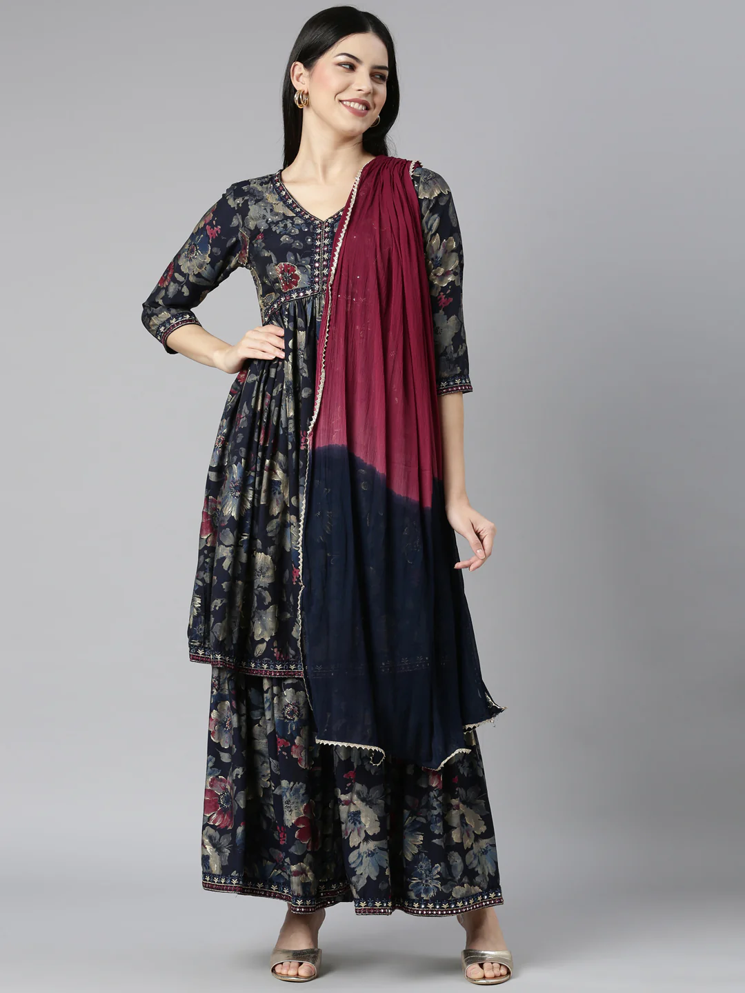 Neerus Navy Blue Regular Straight Floral Kurta And Sharara With Dupatta - Image 5