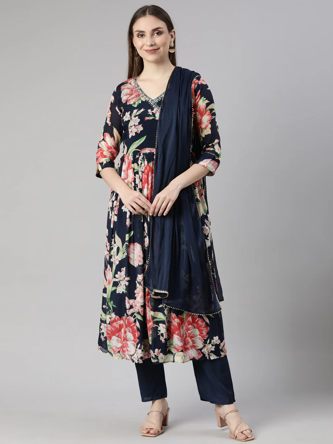 Neerus Navy Blue Regular Straight Floral Kurta And Trousers With Dupatta