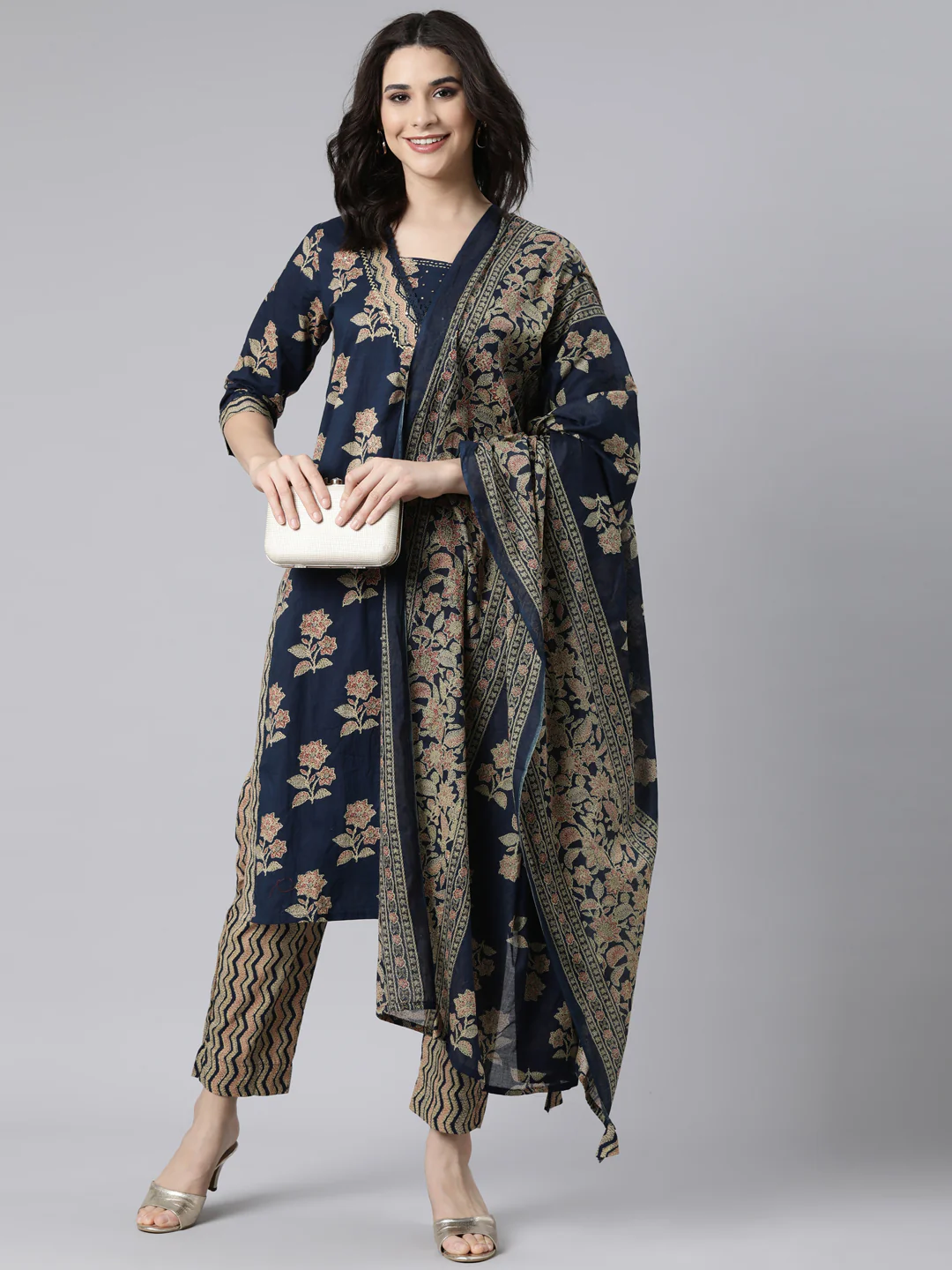 Neerus Navy Blue Regular Straight Floral Kurta And Trousers With Dupatta - Image 4