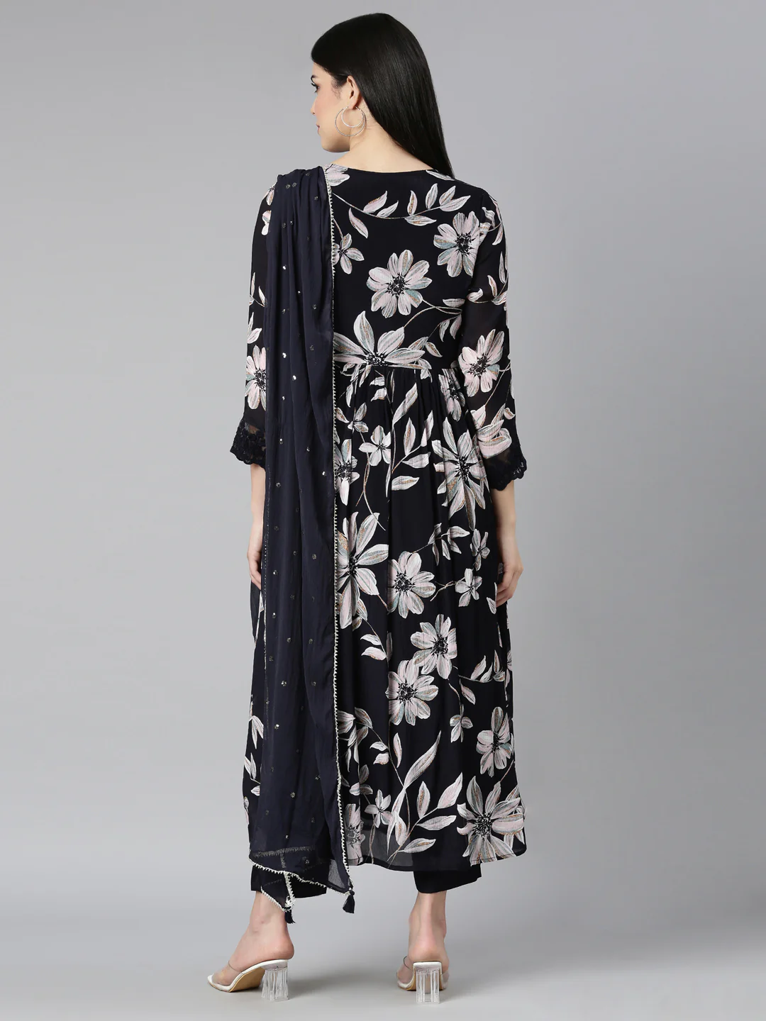 Neerus Navy Blue Regular Straight Floral Kurta And Trousers With Dupatta - Image 3