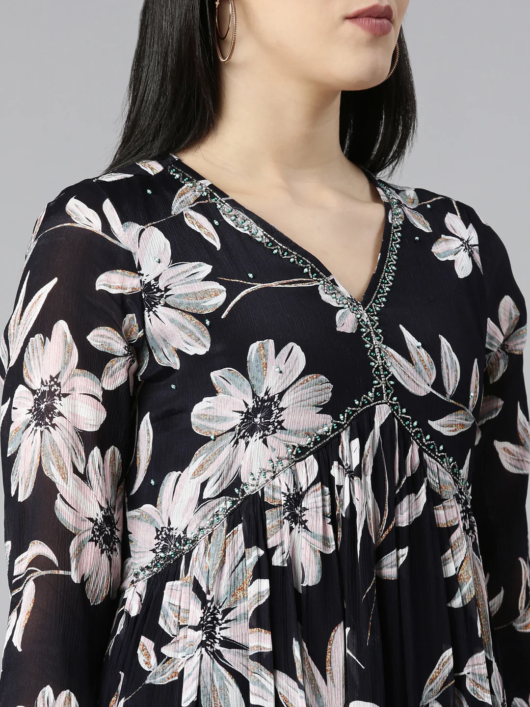 Neerus Navy Blue Regular Straight Floral Kurta And Trousers With Dupatta - Image 5