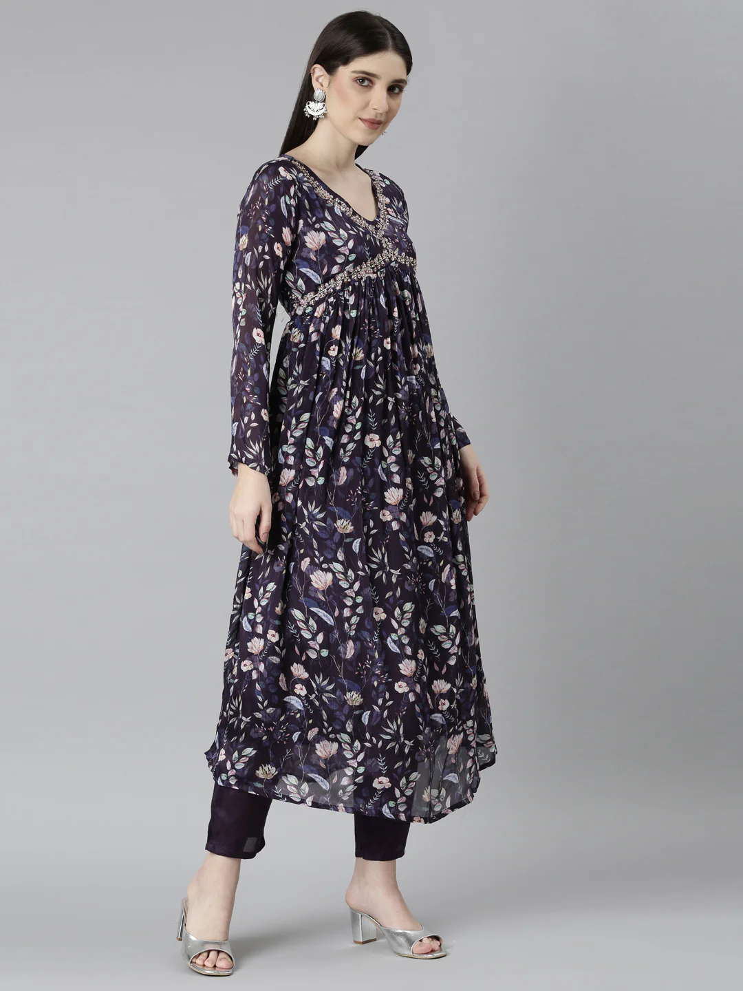 Neerus Navy Blue Regular Straight Floral Readymade suits - Image 2