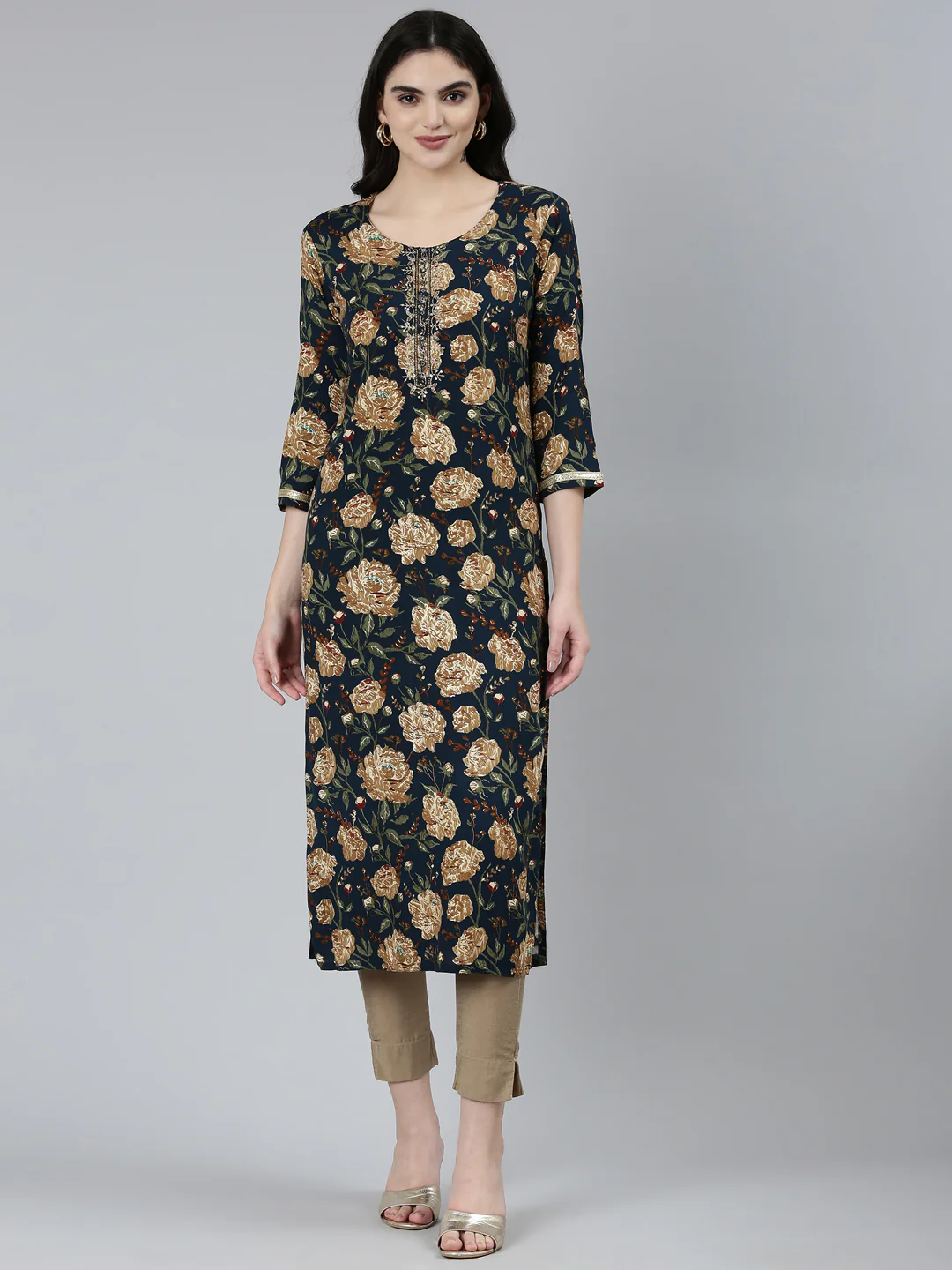 Neerus Navy Blue Regular Straight Floral Kurta