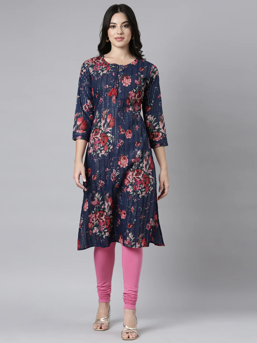 Neerus Navy Blue Regular Straight Floral Kurta