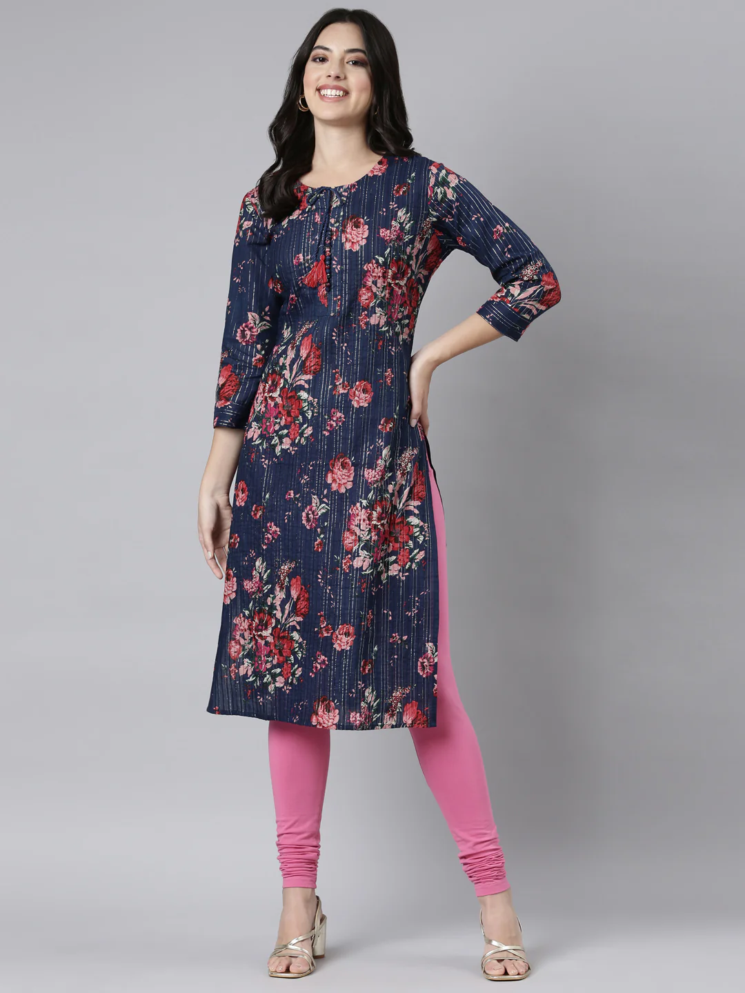 Neerus Navy Blue Regular Straight Floral Kurta - Image 5