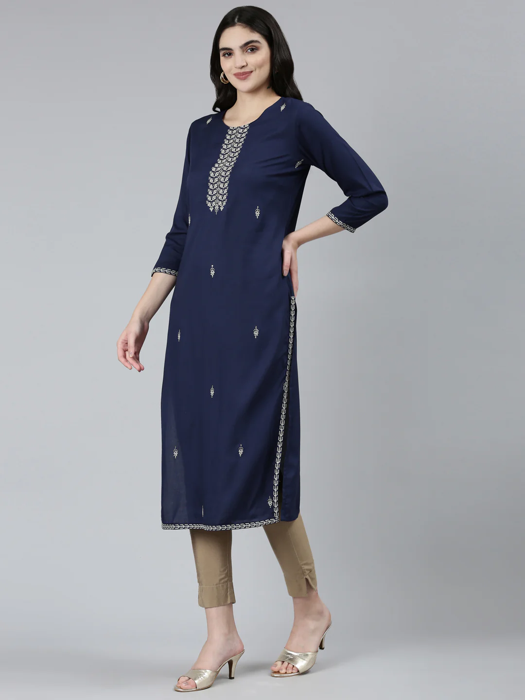 Neerus Navy Blue Regular Straight Floral Kurta - Image 2