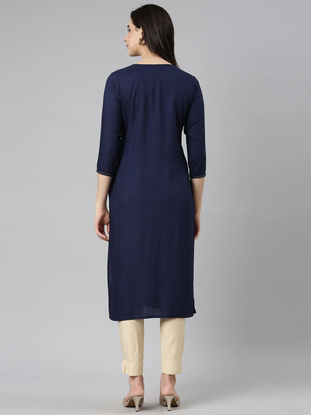 Neerus Navy Blue Regular Straight Floral Kurta - Image 3
