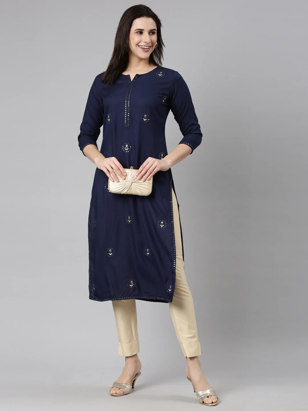 Neerus Navy Blue Regular Straight Floral Kurta - Image 4