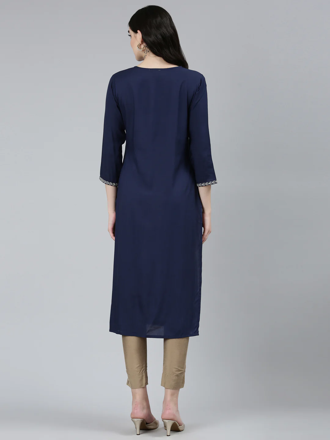 Neerus Navy Blue Regular Straight Floral Kurta - Image 3