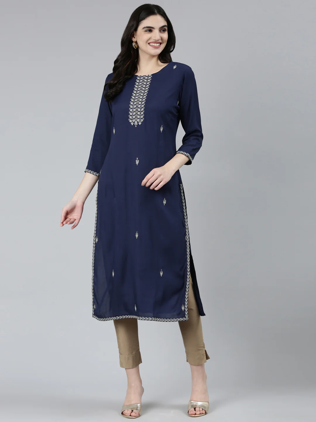 Neerus Navy Blue Regular Straight Floral Kurta - Image 5