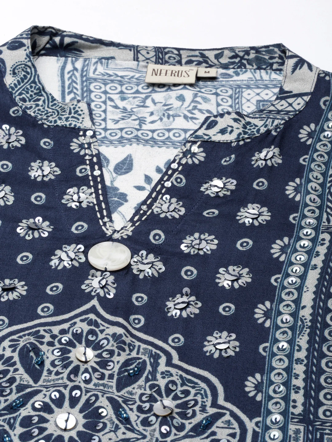 Neerus Navy Blue Regular Straight Kurta and Trousers With Dupatta - Image 4