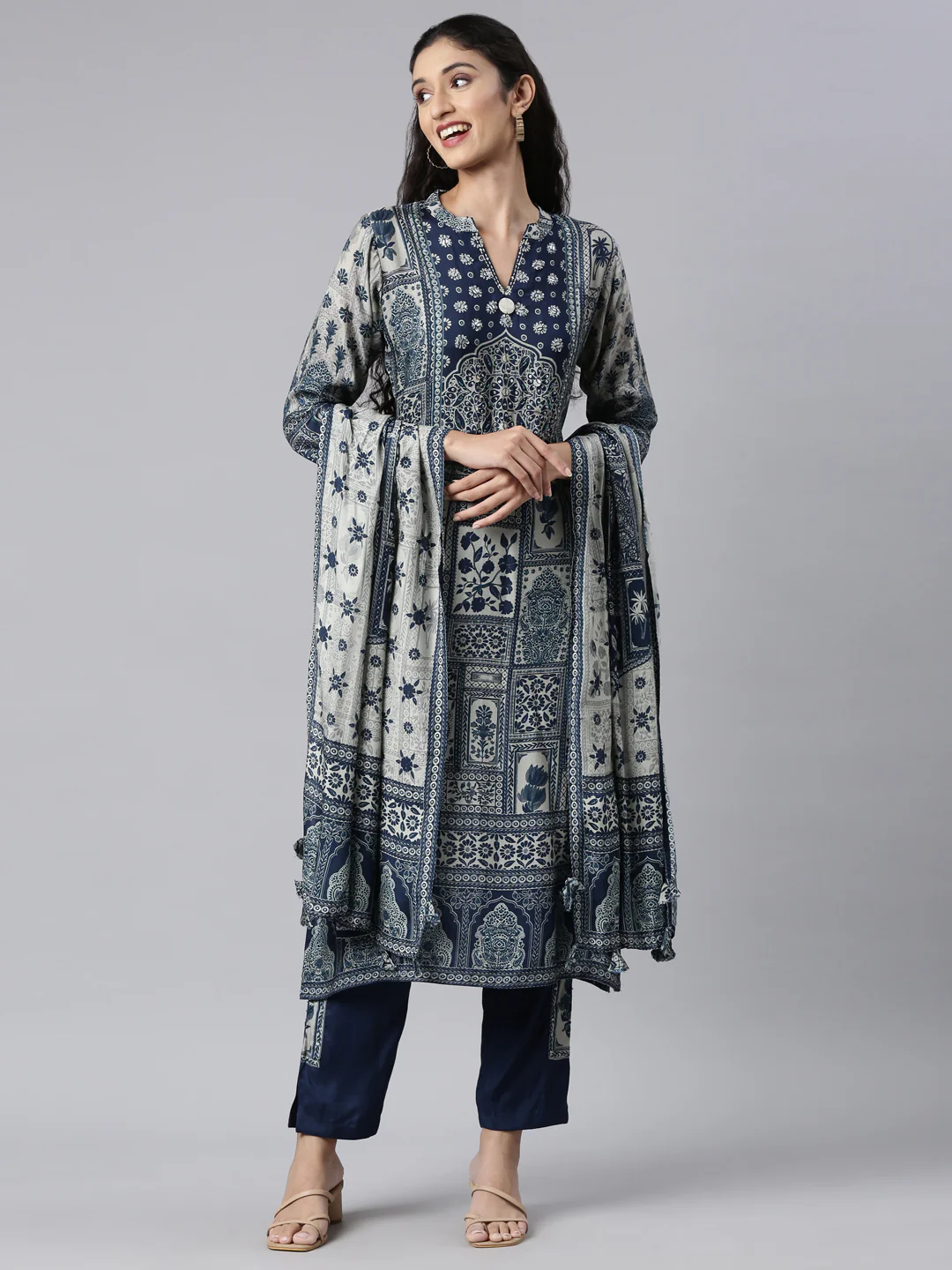 Neerus Navy Blue Regular Straight Kurta and Trousers With Dupatta - Image 5
