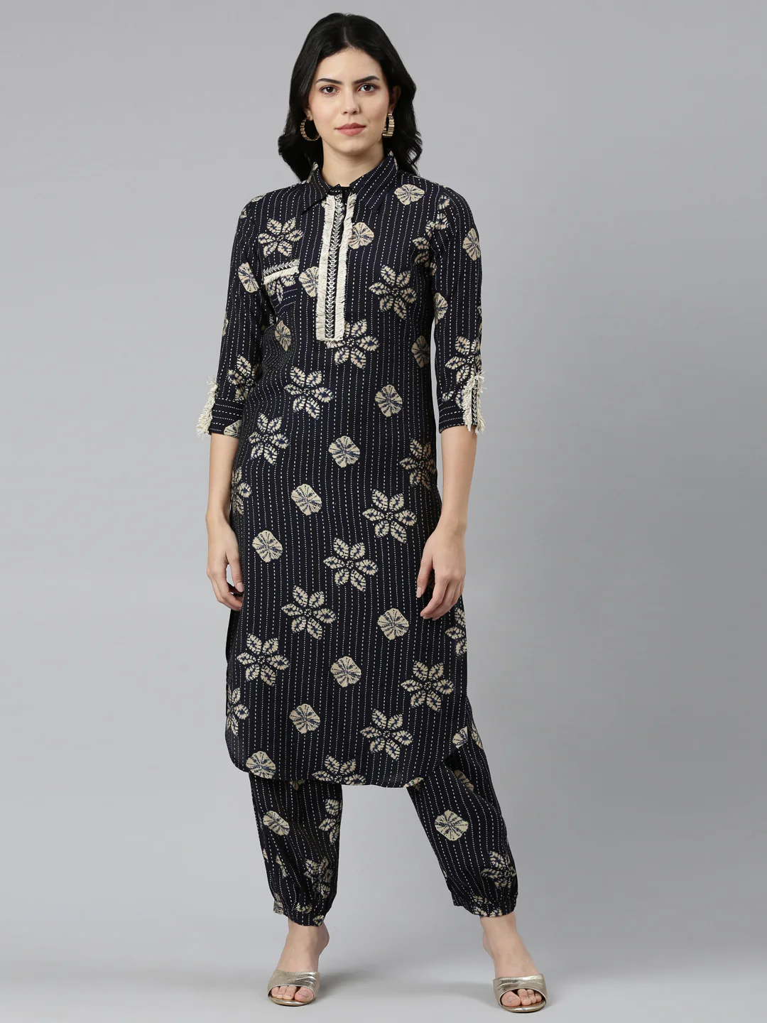 Neerus Navy Blue Regular Straight Printed Kurta And Salwar