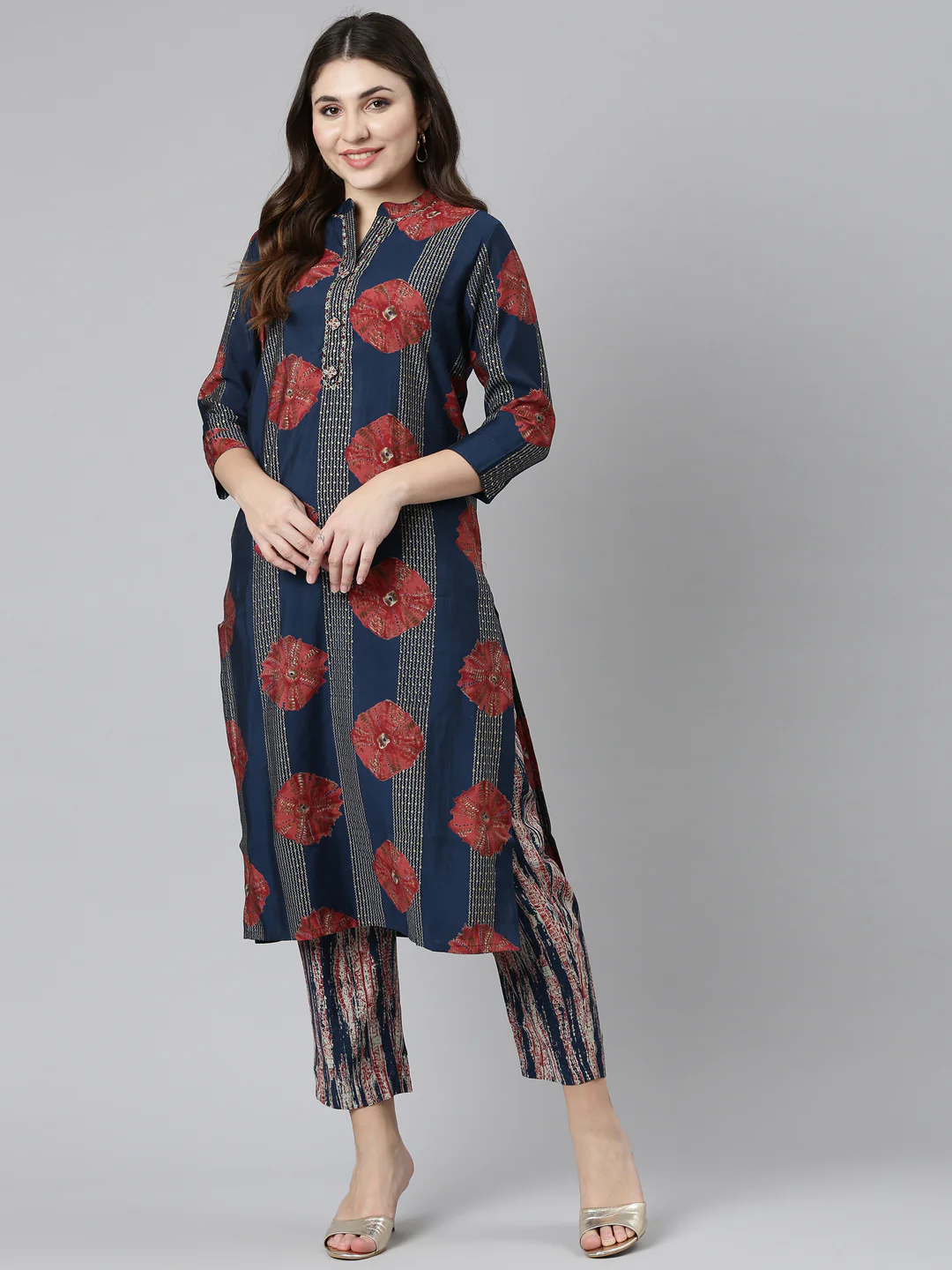 Neerus Navy Blue Regular Straight Printed Kurta And Trousers - Image 5