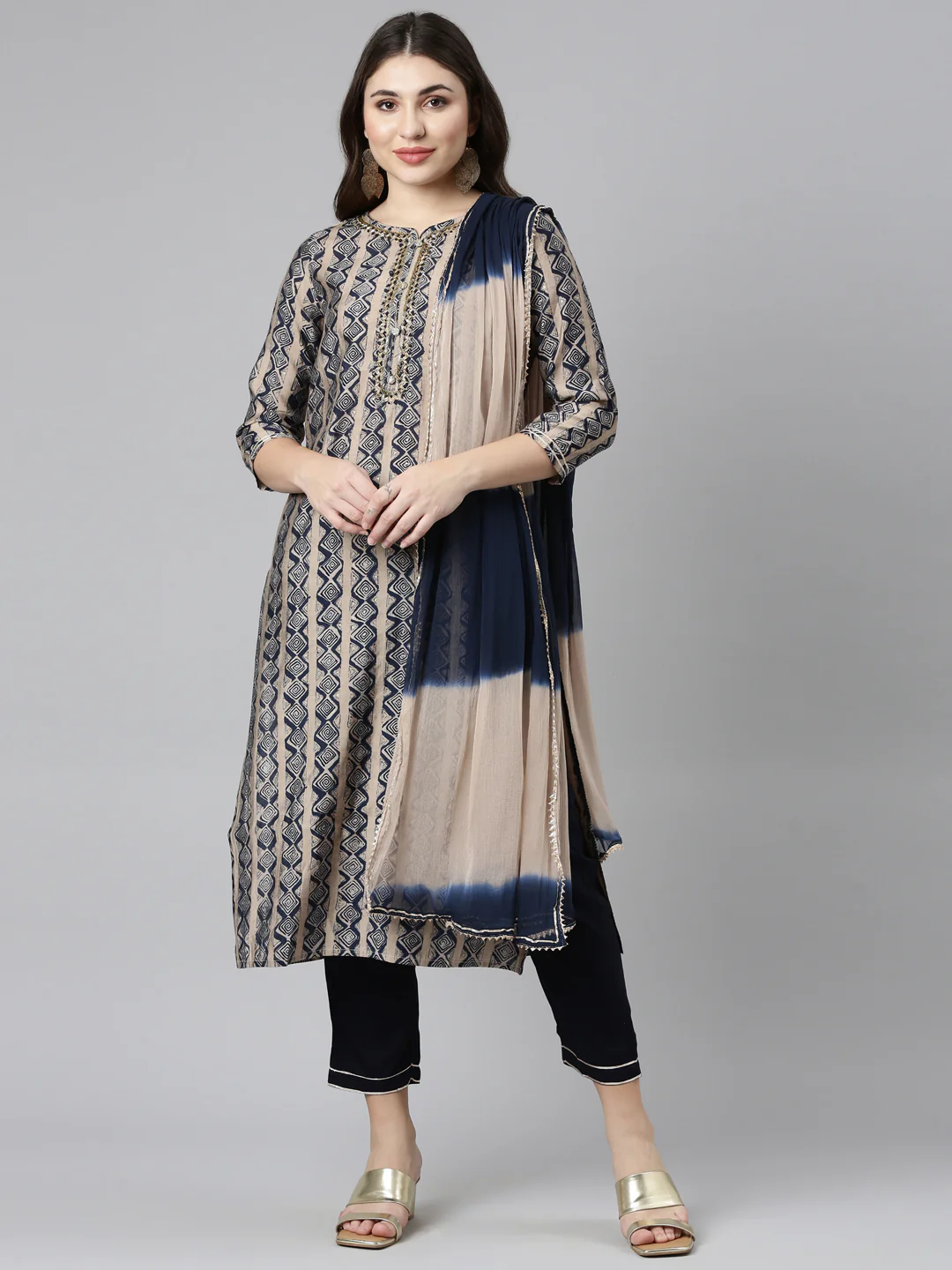 Neerus Navy Blue Regular Straight Printed Readymade suits