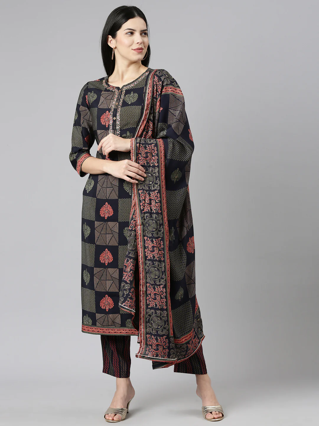 Neerus Navy Blue Regular Straight Printed Readymade suits