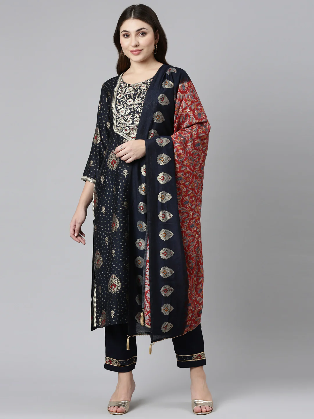 Neerus Navy Blue Regular Straight Printed Readymade suits