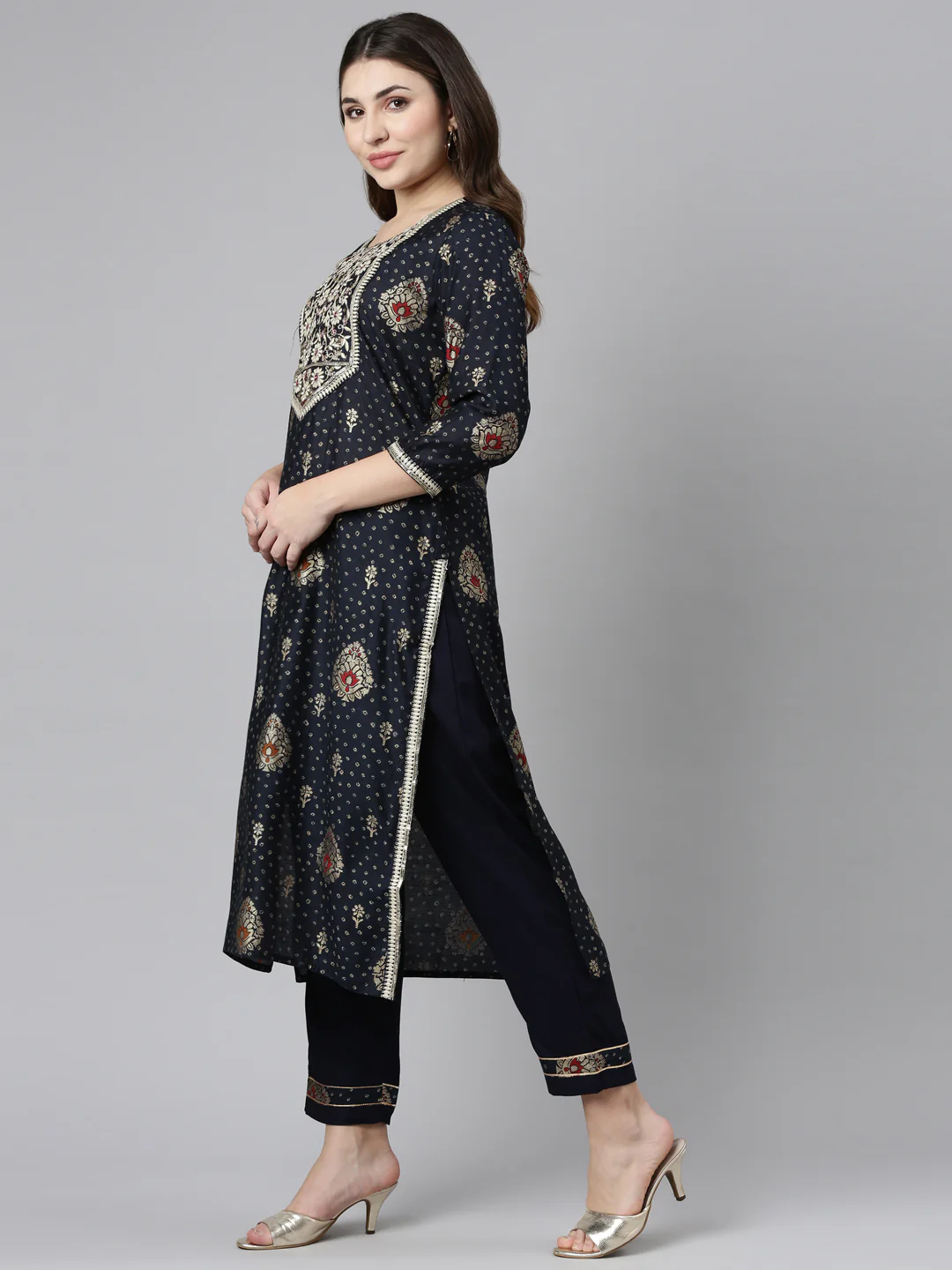 Neerus Navy Blue Regular Straight Printed Readymade suits - Image 2