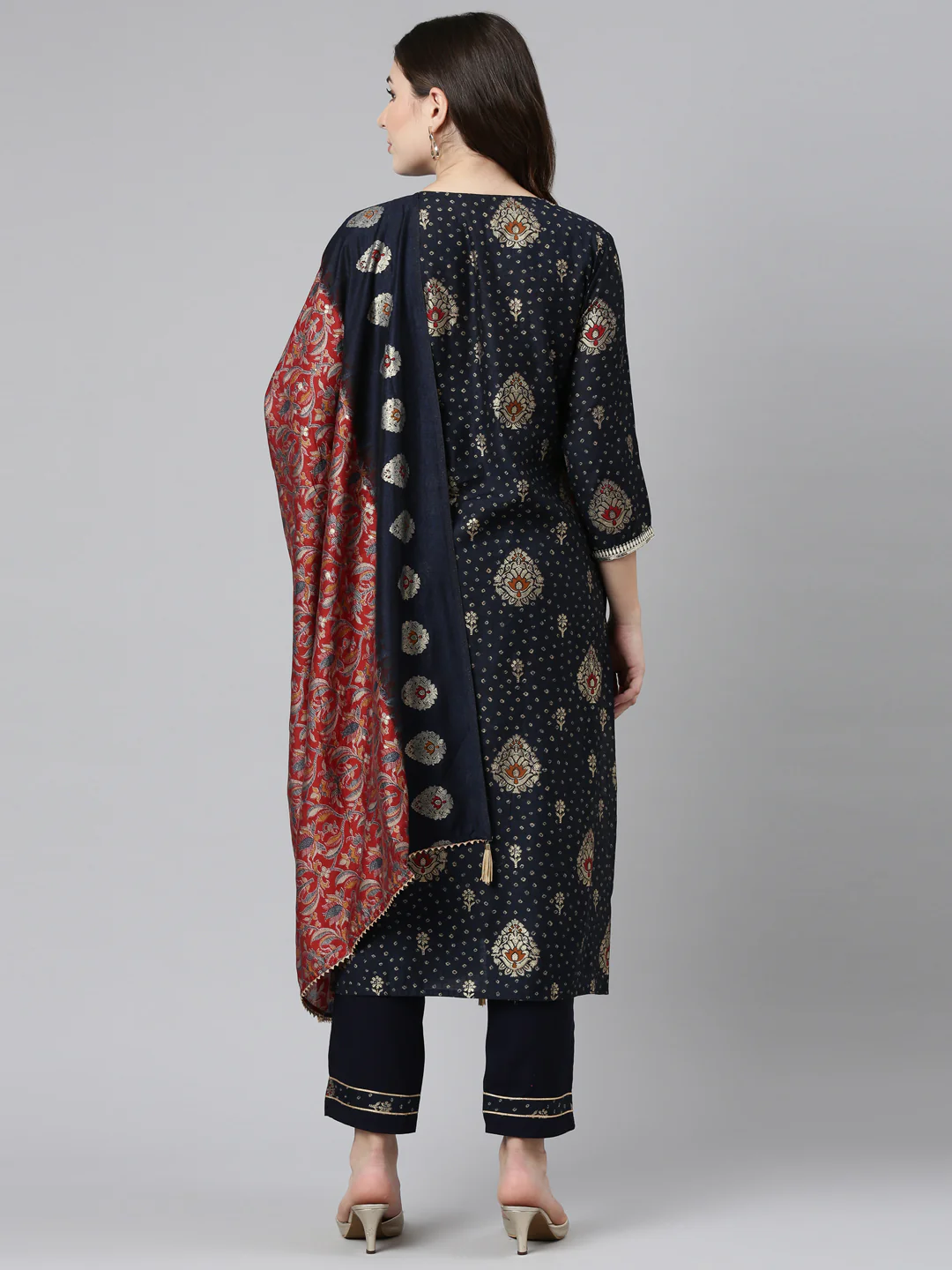 Neerus Navy Blue Regular Straight Printed Readymade suits - Image 3