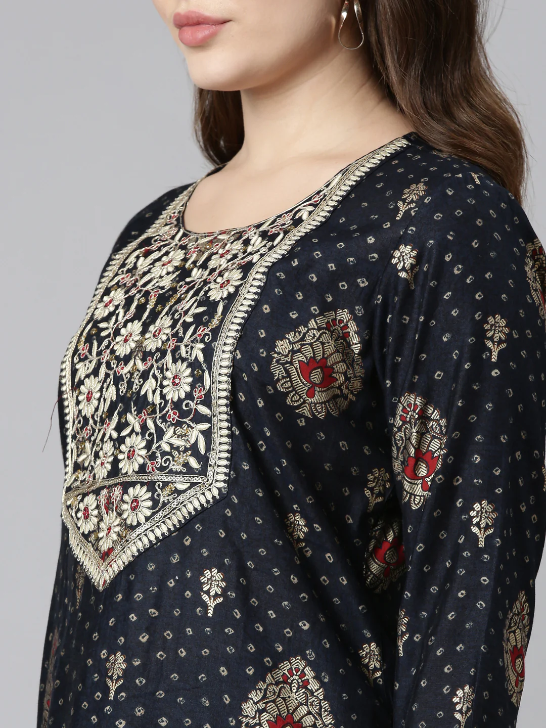 Neerus Navy Blue Regular Straight Printed Readymade suits - Image 4