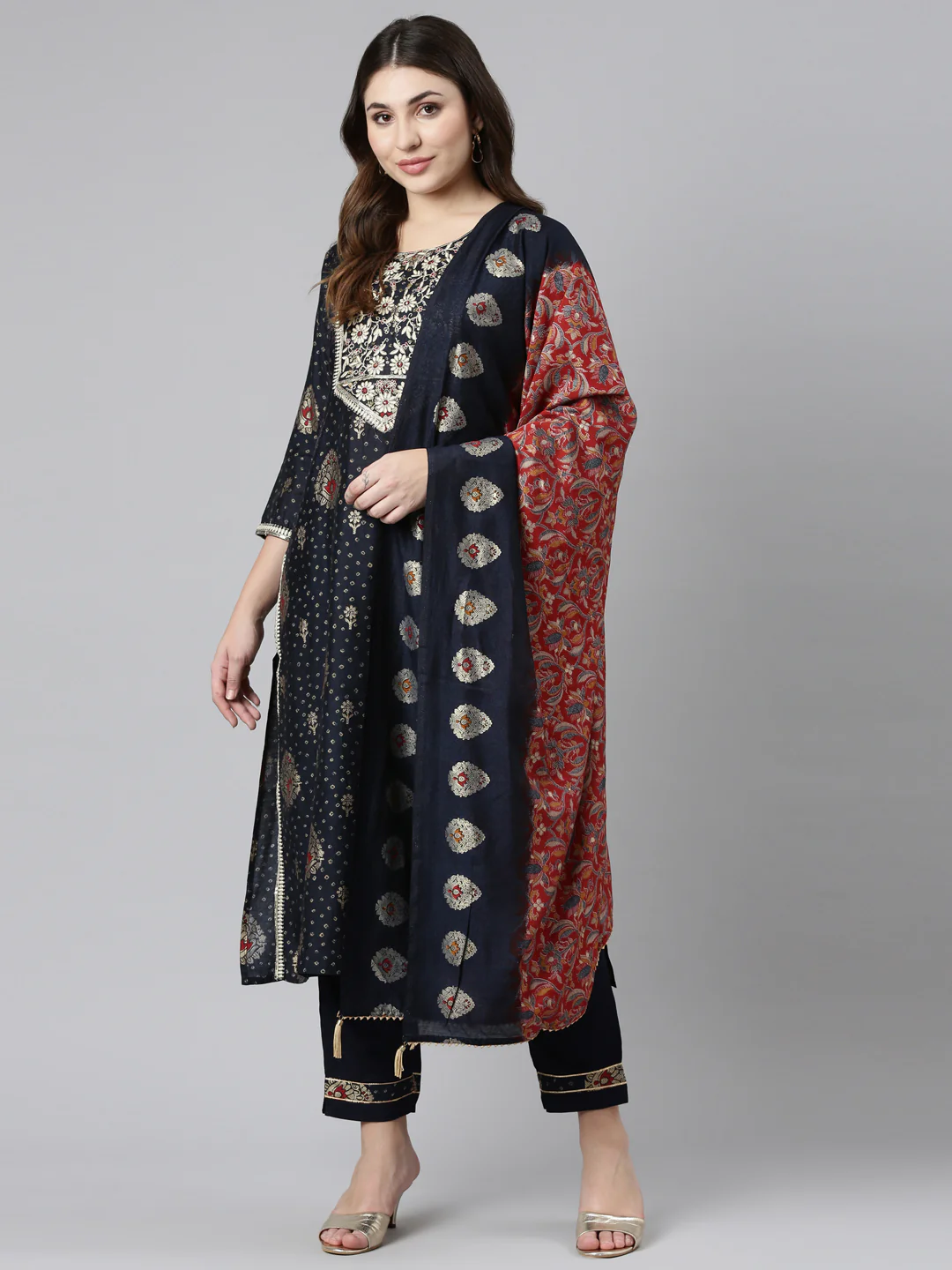 Neerus Navy Blue Regular Straight Printed Readymade suits - Image 5