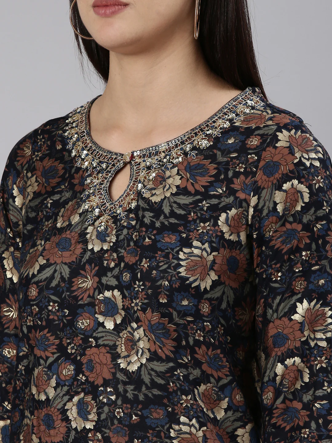 Neerus Navy Blue Regular Straight Printed Kurta And Trousers With Dupatta - Image 4
