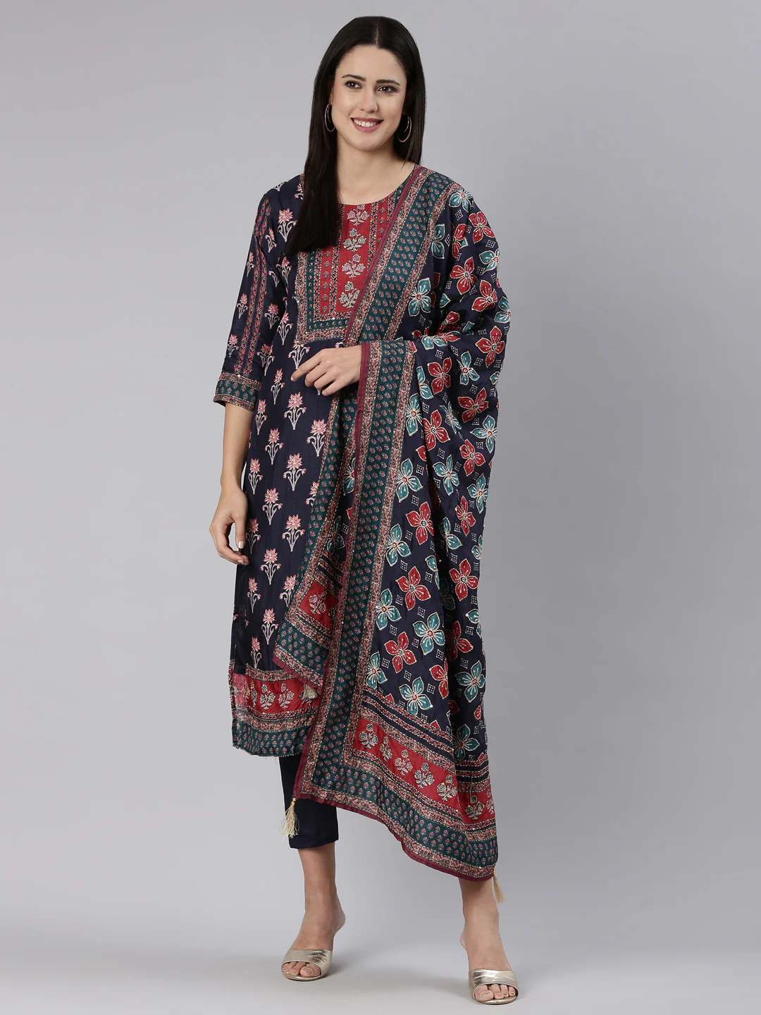 Neerus Navy Blue Regular Straight Printed Kurta And Trousers With Dupatta - Image 5