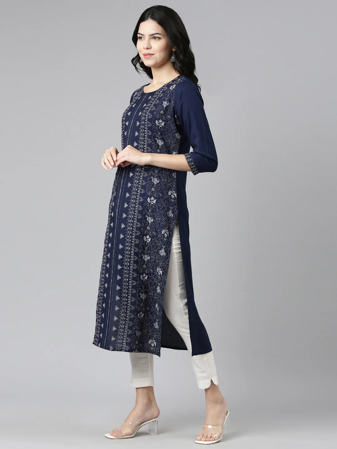 Neerus Navy Blue Regular Straight Printed Kurta - Image 2