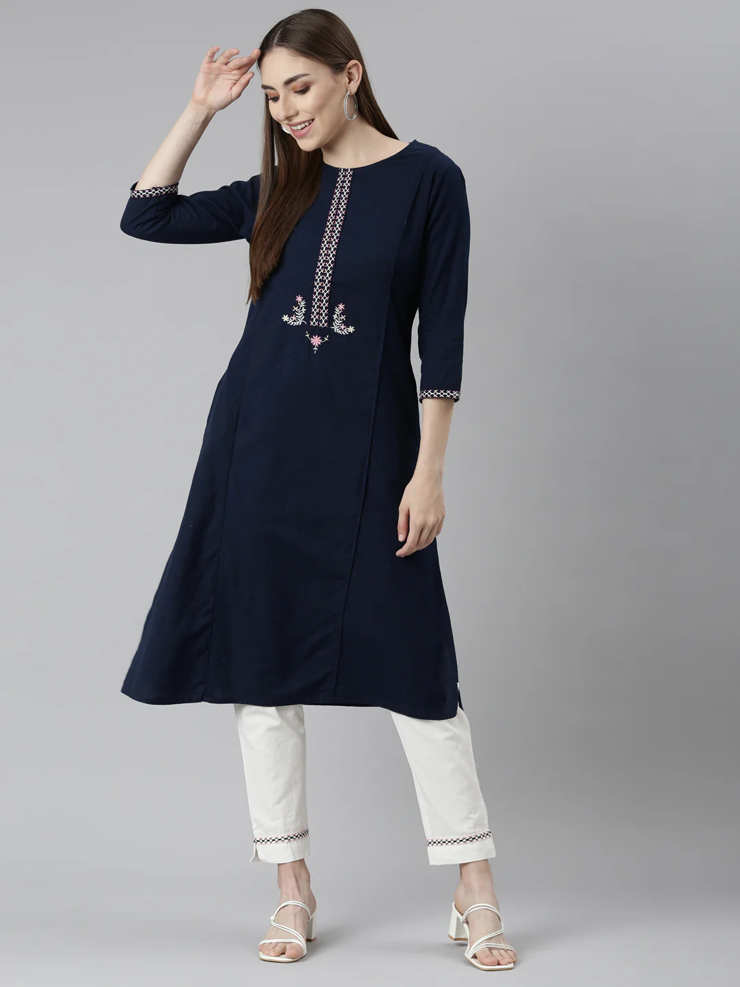 Neerus Navy Blue Regular Straight Solid Kurta And Trousers - Image 6