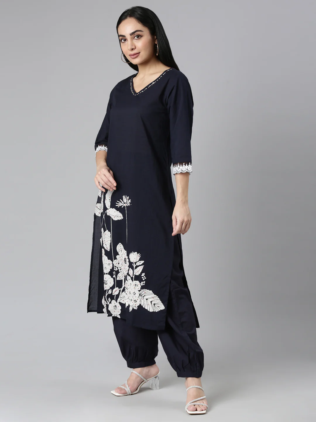 Neerus Navy Blue Regular Straight Solid Kurta and Trousers With Dupatta - Image 2