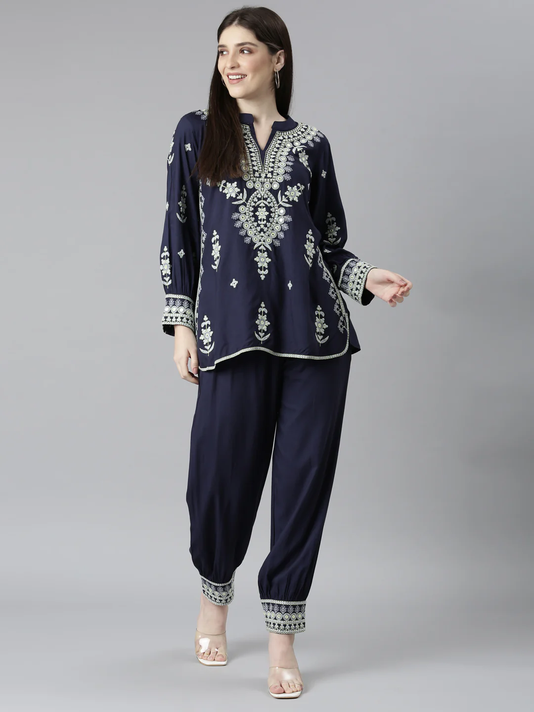 Neerus Navy Blue Regular Straight Solid Top And Trousers - Image 5