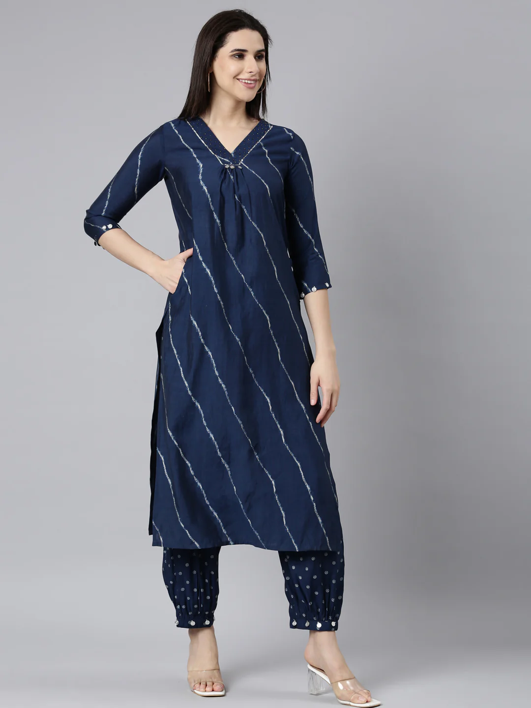 Neerus Navy Blue Regular Straight Striped Kurta And Salwar With Dupatta - Image 2